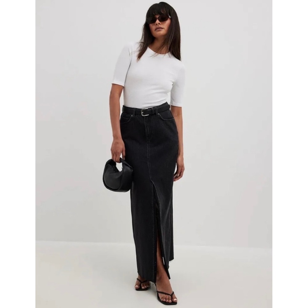 Na-Kd Denim Wide Denim Maxi Skirt Black Front Slit Size 32 (XS) Trendy Minimal - Picture 3 of 12